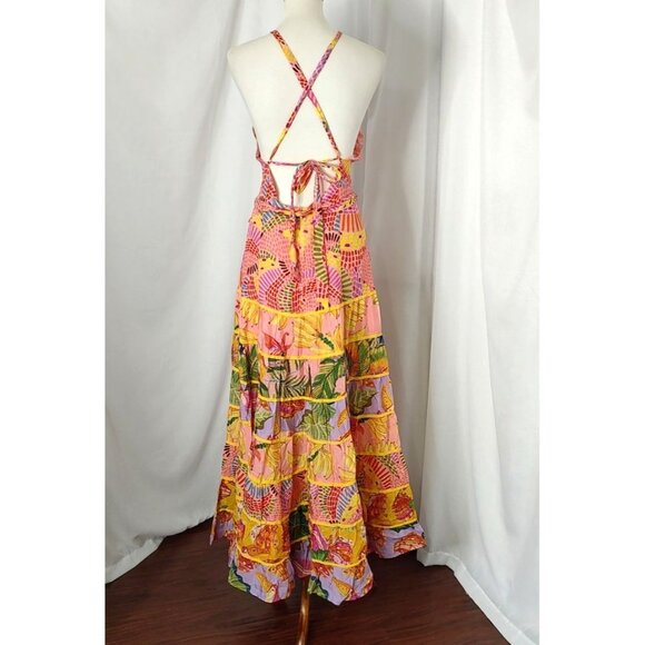 FARM Rio Maxi Dress XL Mixed Prints Floral Tiered Strappy Halter Pink - Picture 7 of 16